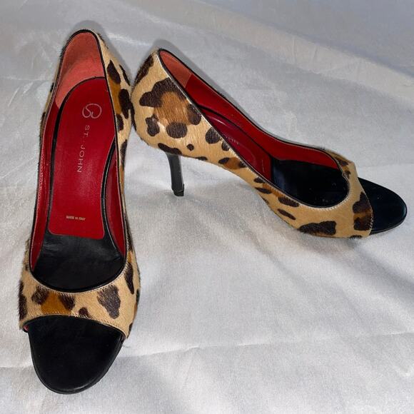 St. John Leopard Print Open Toe Heels - Size 39 - Leather &‎ Calf Hair - Picture 1 of 16